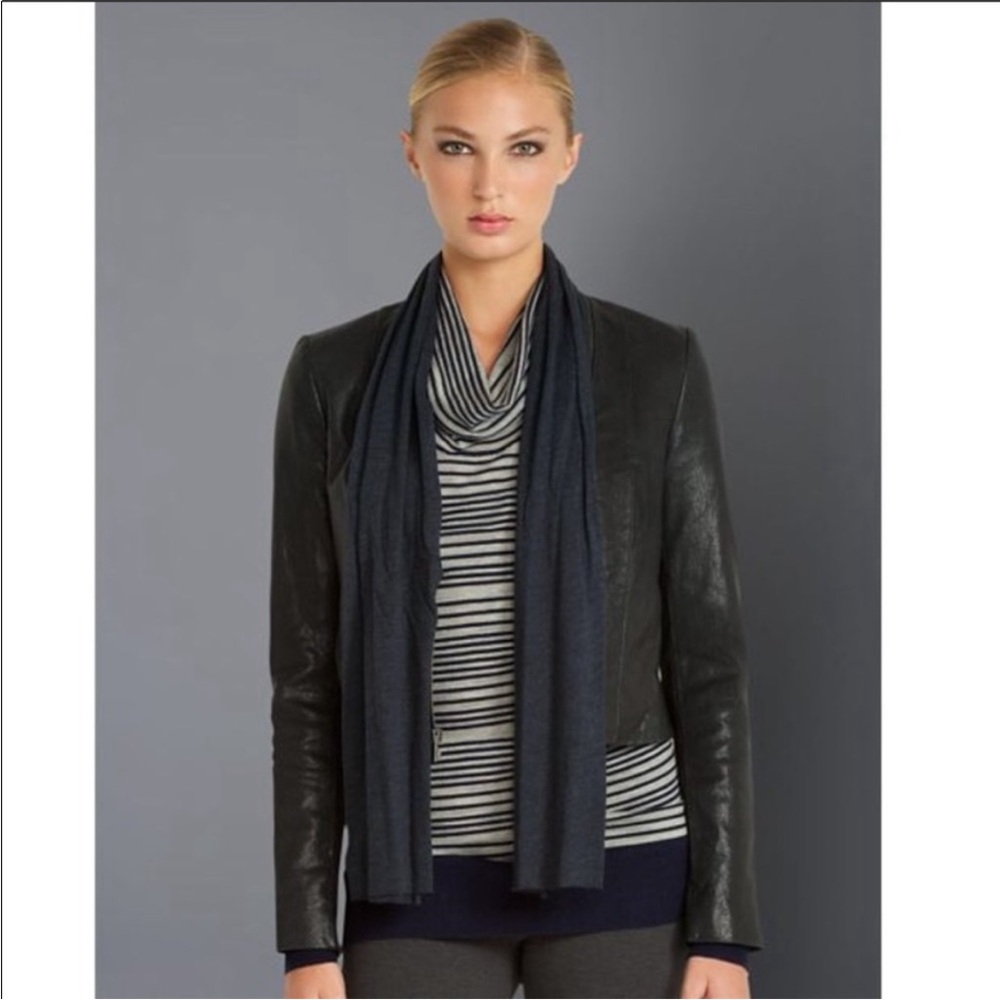 BCBG MaxAzria Gray Cropped Leather Jacket With Attached Navy Scarf